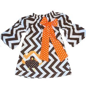 Brown/White Chevron Peasant Dress w/Appliquéd Turkey Size XXS (2T)